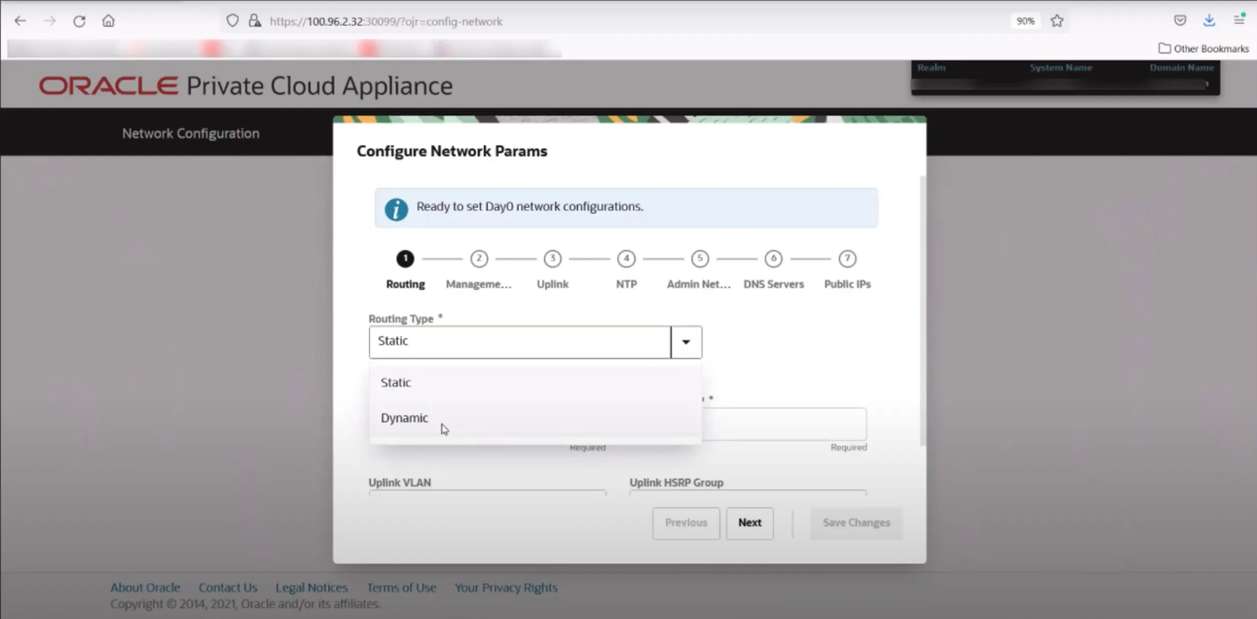 Oracle PCA Day-0 network configuration wizard with multi-step routing, management, and uplink setup