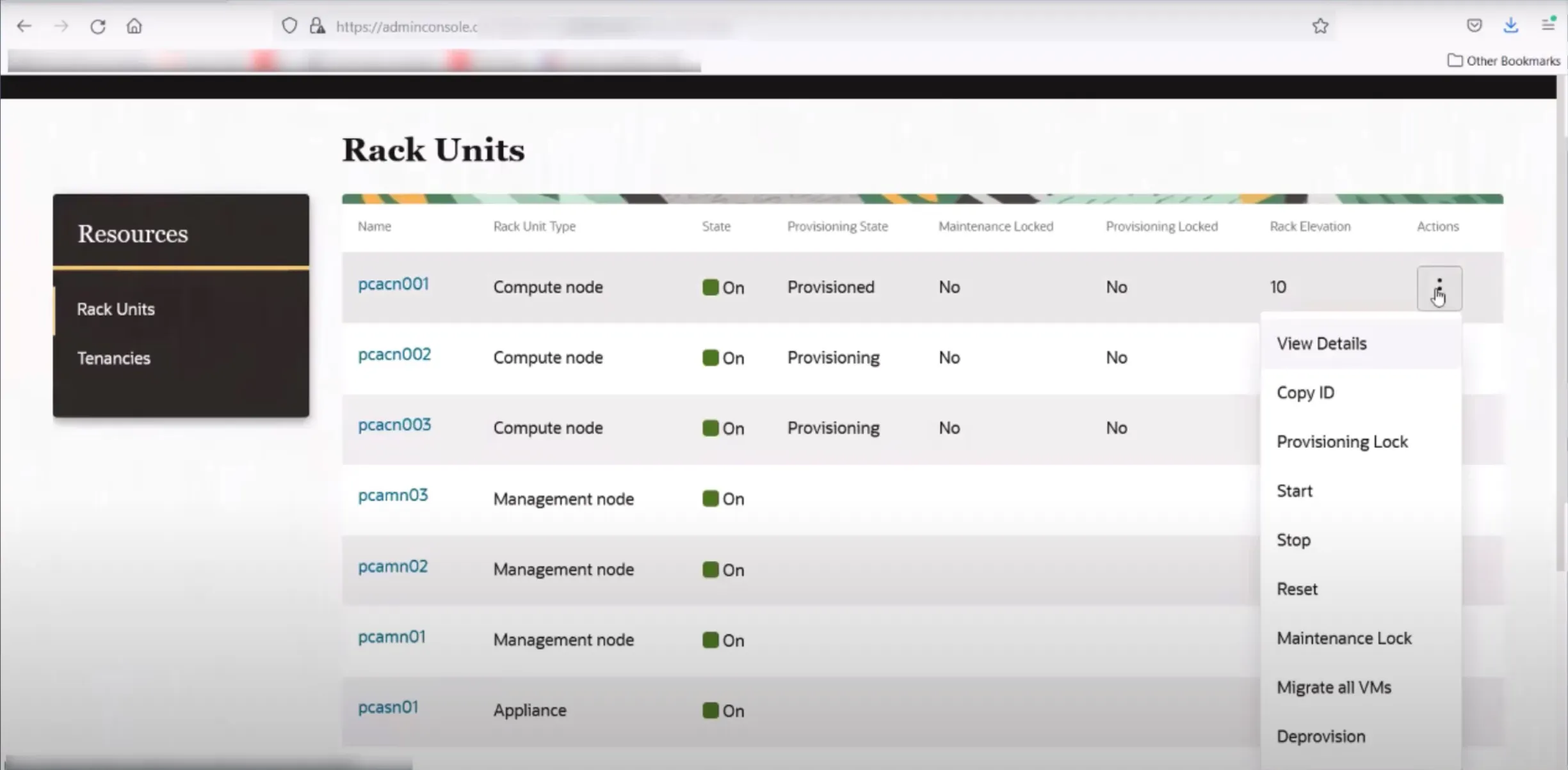 Oracle PCA Rack Units management table with provisioning, maintenance, and migration actions