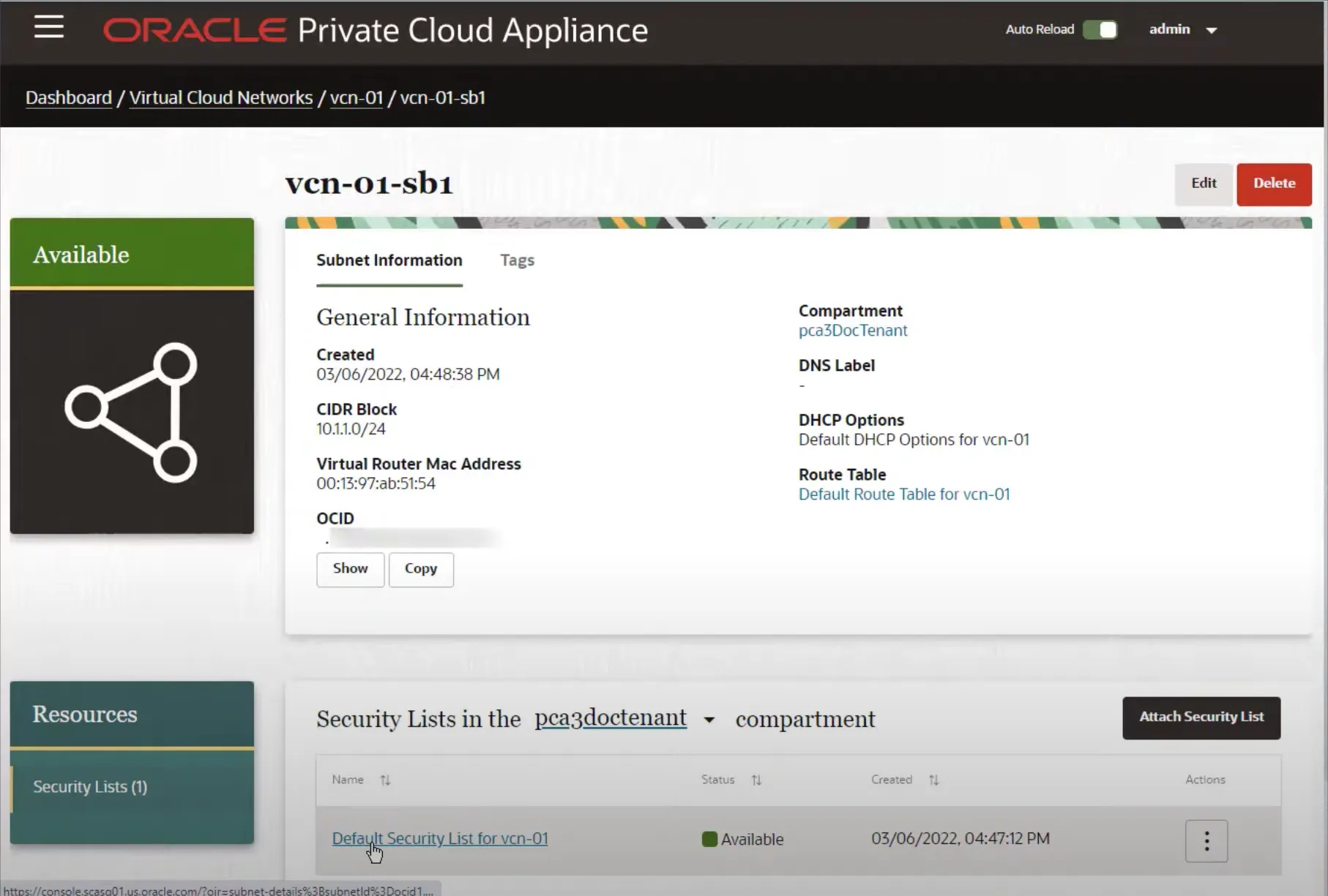 Oracle PCA virtual cloud network subnet detail with security lists and compartment information