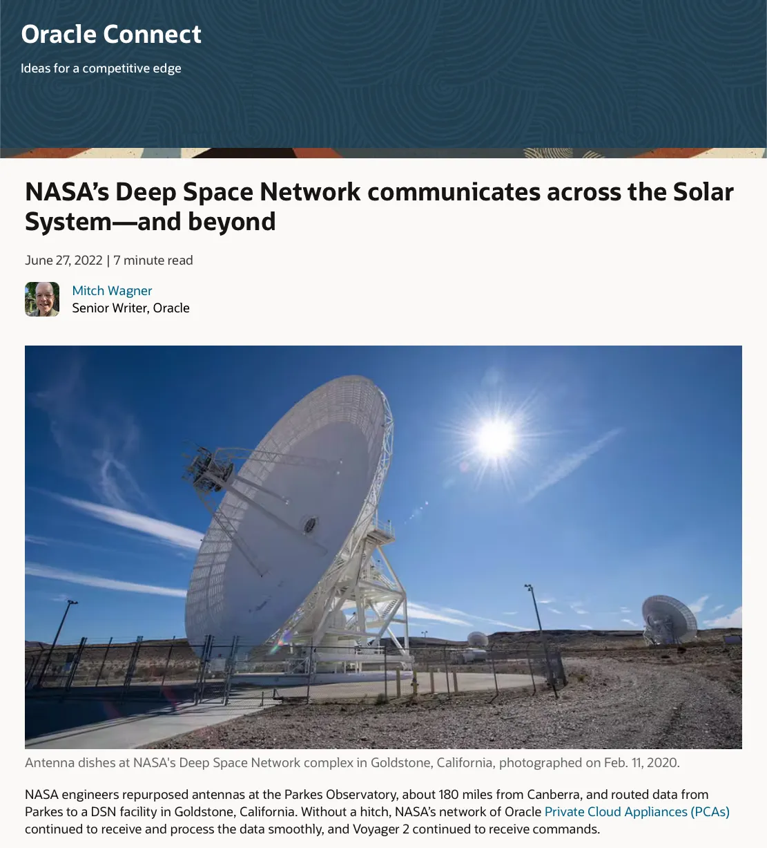 Oracle Connect article: NASA's Deep Space Network communicates across the Solar System using Oracle PCA