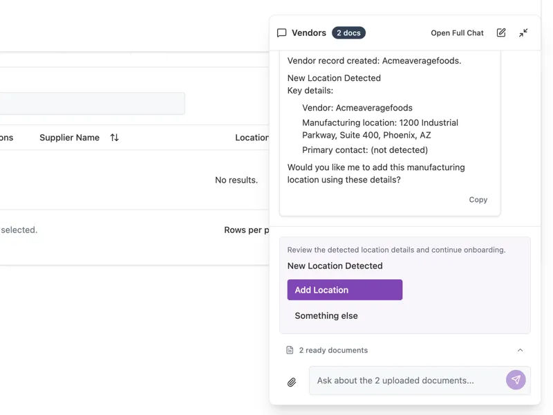 Quorum AI compliance platform with floating chat assistant and entity detection