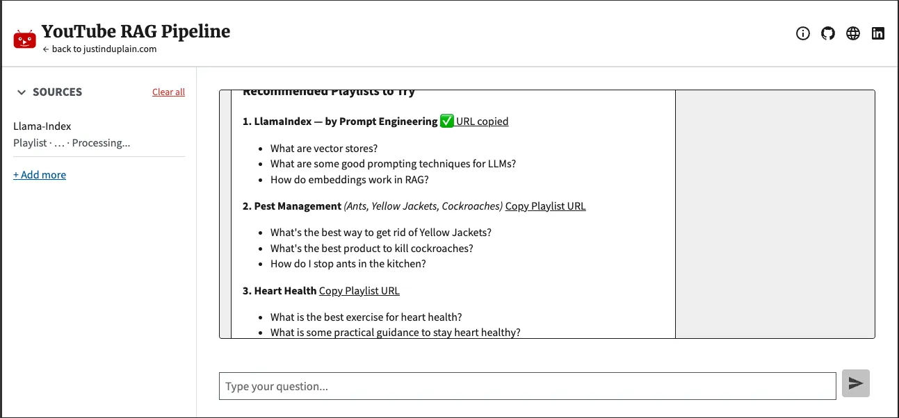 YouTube Transcript RAG showing playlist ingestion in progress with recommended playlists and sample questions
