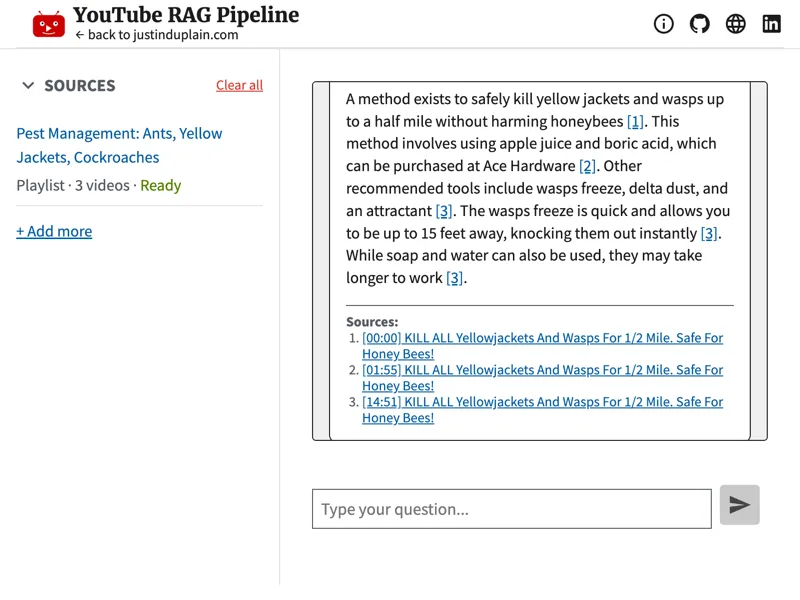 YouTube Transcript RAG application showing a chat response with cited timestamp links